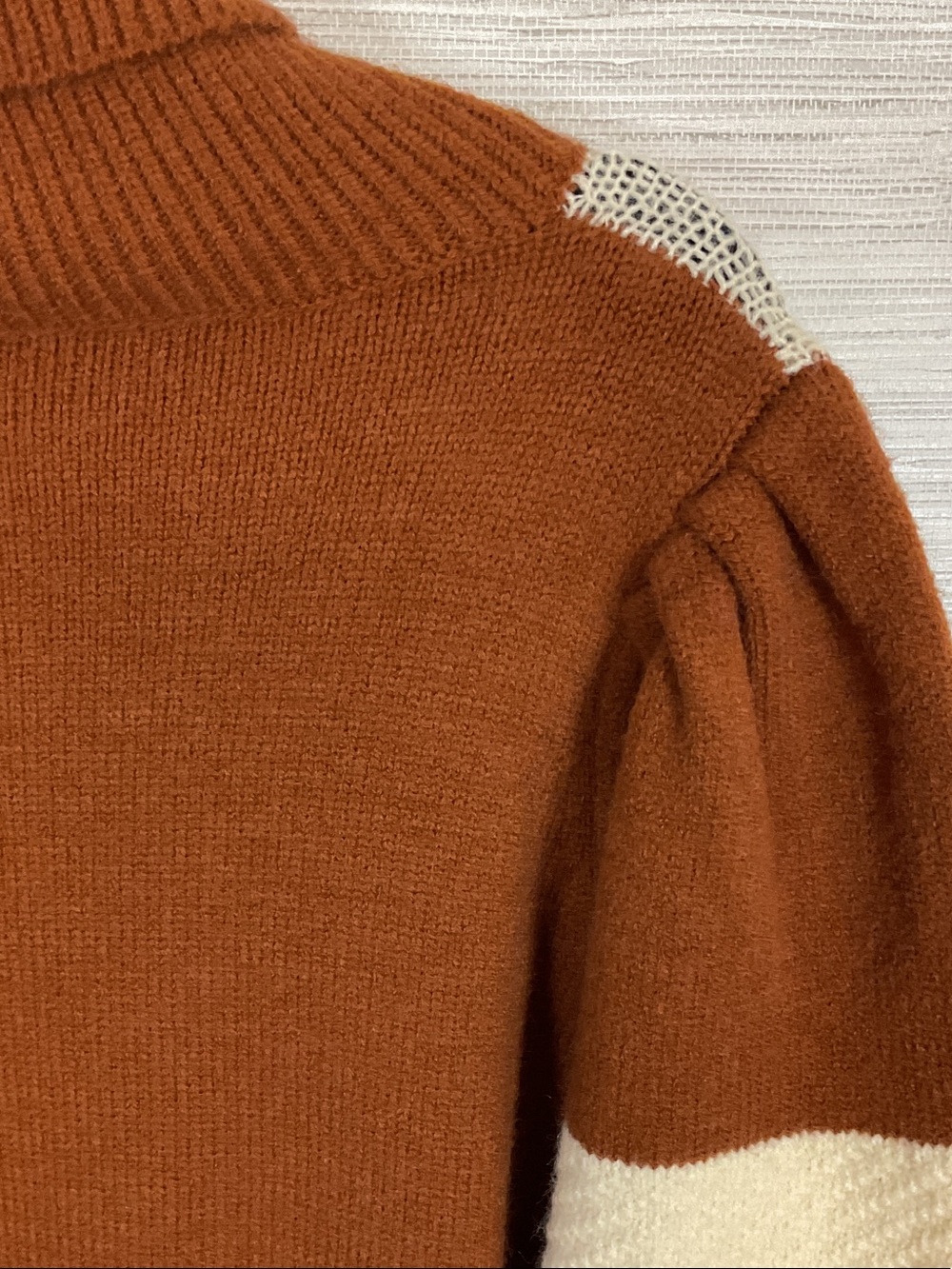 &Merci Turtleneck Floral Leaf Appliqué Patchwork Sweater in Rust & Cream Large - Picture 13 of 15